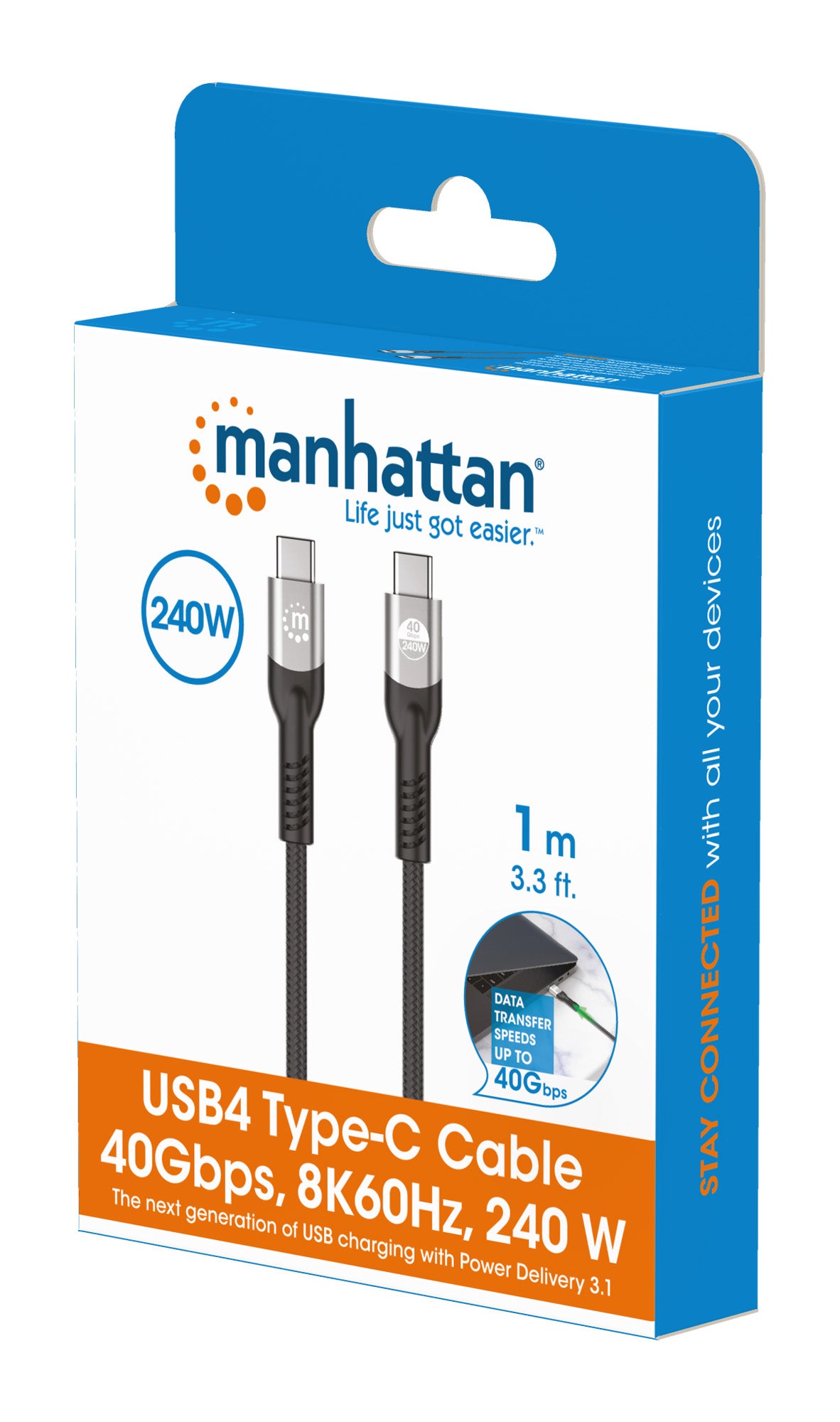 ConnBull Cable Thunderbolt 4 1m, USB C Cable Supporte Transfert De Données 40Gbps/ Vidéo 8K@60Hz / Super Fast Charge 100W Pour IPhone 15 Pro/Max Macbook Air/Pro M1 M2, Mac Studio, Studio Display